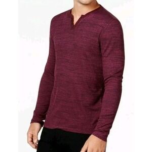 Alfani Henley Mens Shirt Maroon‎ Burgundy Long Sleeve Ribbed Stretch Rayon PTP
